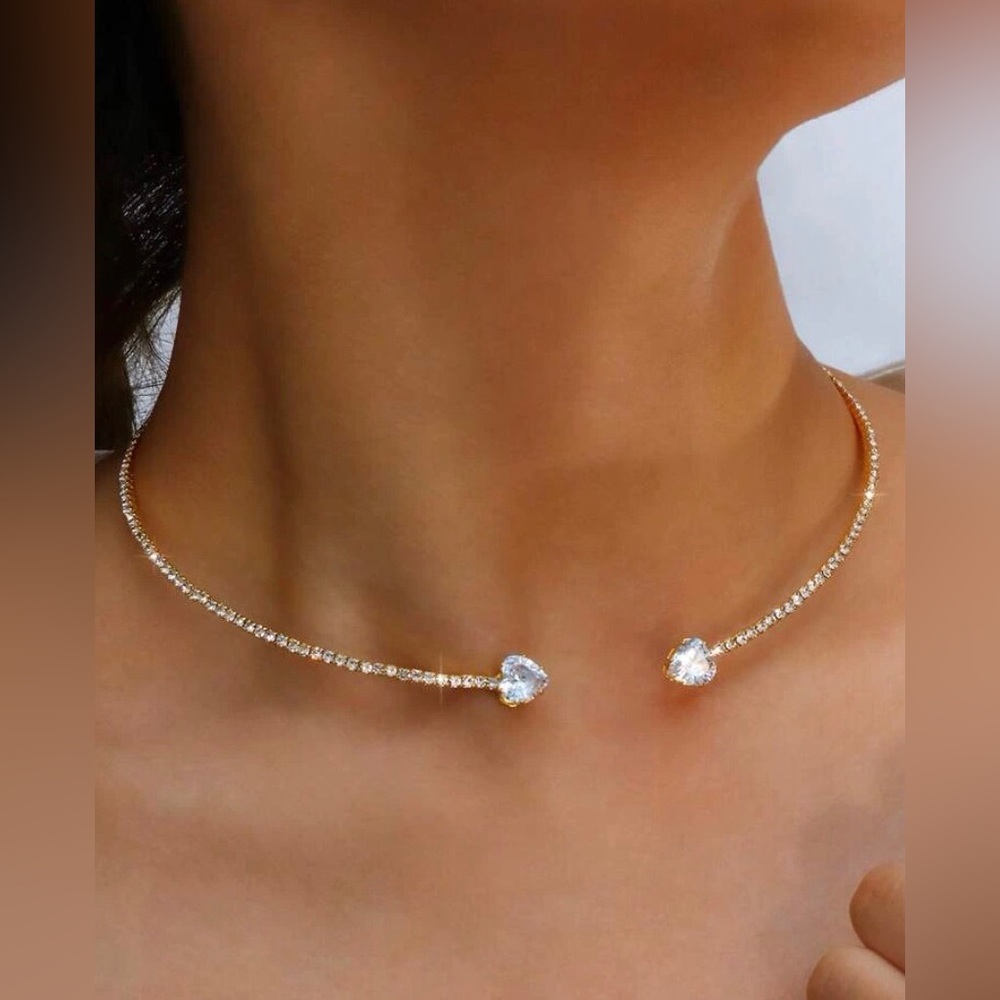 New Crystal & Cubic Zirconia Heart Accented Open Cuff Pave Choker Necklace - Picture 1 of 16